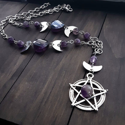 Moon phase and pentacle necklace Amethyst Witchy style