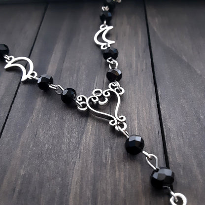 Witch&#39;s Rosary, Witch knot rosary inspired necklace, Victorian Gothic style y link crystal beaded chain, Gift idea, Black crystal jewelry
