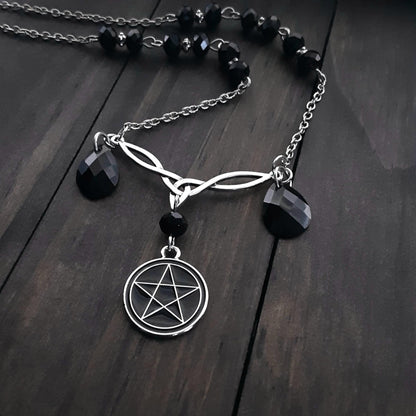 Celtic knotwork and pentacle necklace Triquetra pendant black crystal Adjustable plus size choker necklace