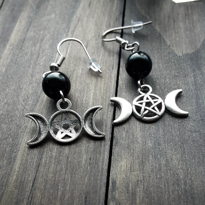 Silver color Hekate earrings Triple Moon Goddess and Obsidian dangles Protection Stone Pagan Jewelry