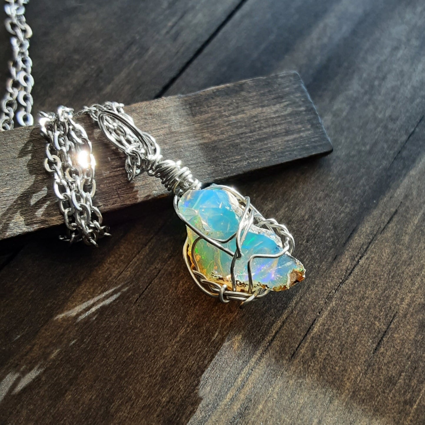 Raw Opal Pendant Necklace, Grade AA Welo, Stainless steel Hypoallergenic necklace, October Birthstone Jewelry, Gift idea