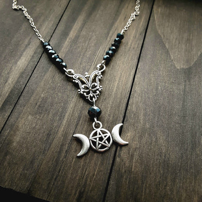 Hekate Necklace Triple Moon Goddess Gothic Jewelry Adjustable Witch Jewelry  Black crystal beaded