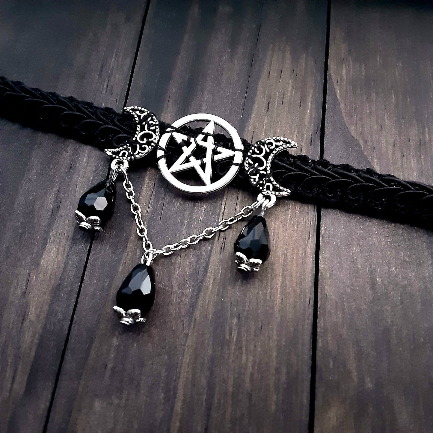 Triple Moon Goddess Gothic Choker Adjustable Plus Size Witchy Black crystal detailed Pagan Jewelry Hekate necklace