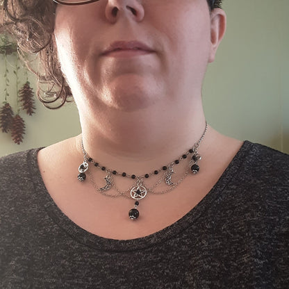 Gothic Wedding Necklace with Obsidian Pentacles and Crescent Moons, Adjustable plus size Witchy choker necklace