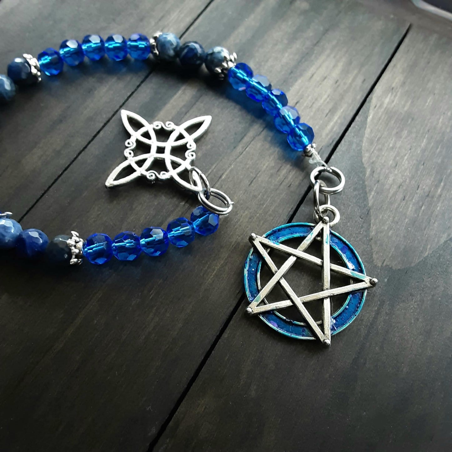 Pagan prayer beads with blue crystals Sodalite gemstone Pentacle and Witch knot protection amulet Altar tools - please read