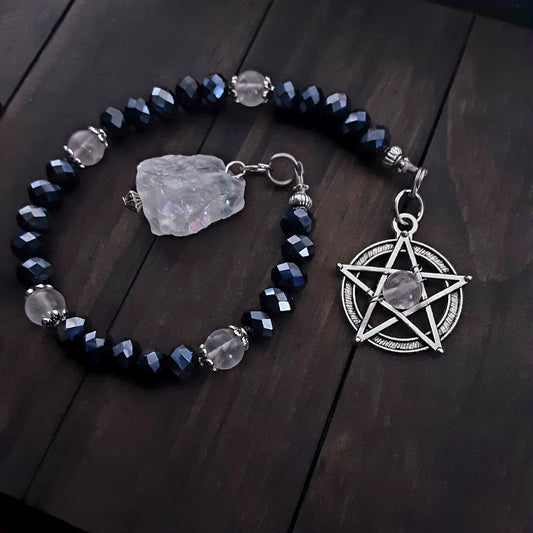 Pagan prayer beads, Clear Quartz Pentacle and Raw Aura Quartz Ladder, Protection Amulet Pendant, Altar tools