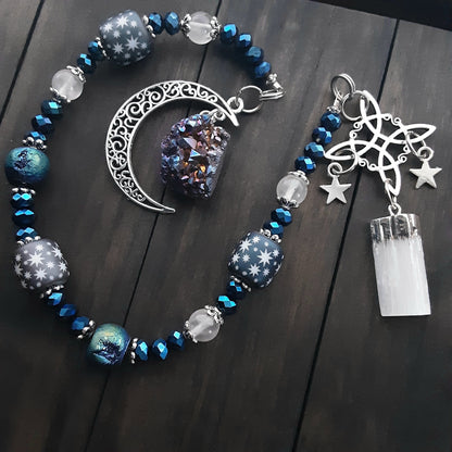 Pagan prayer beads for Moon Goddess Selenite and Druzy witch's ladder Celestial themed Pagan altar tools for deity dedication