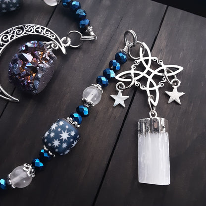 Pagan prayer beads for Moon Goddess Selenite and Druzy witch's ladder Celestial themed Pagan altar tools for deity dedication