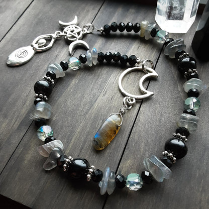 Hekate Prayer Beads, Witch&#39;s Ladder with Obsidian for Protection and Labradorite for Enhanced Communication, Hellenistic Goddess