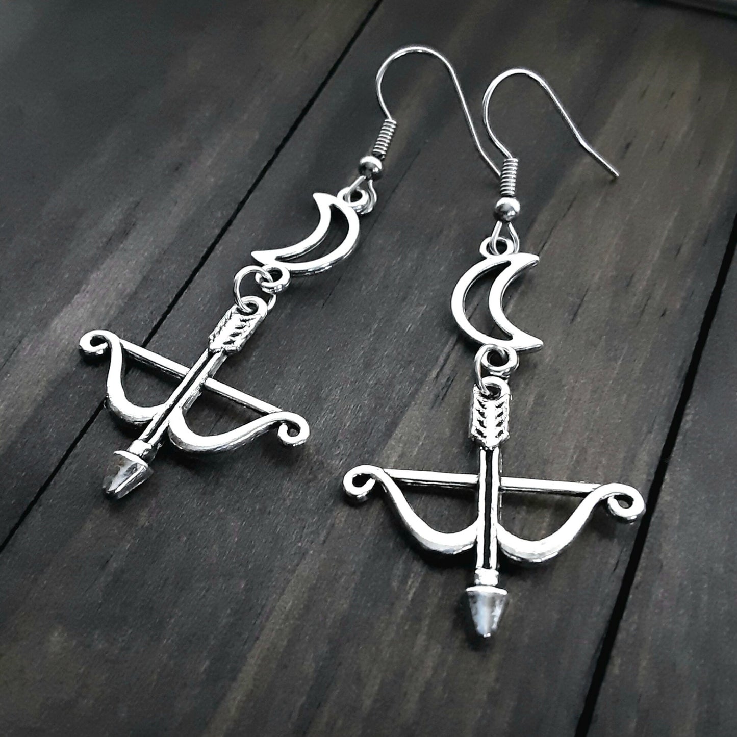 Artemis earrings Greek Goddess of the Hunt Bow and arrow with crescent moon charms Sagittarius jewelry Pagan Dedication Gift Idea