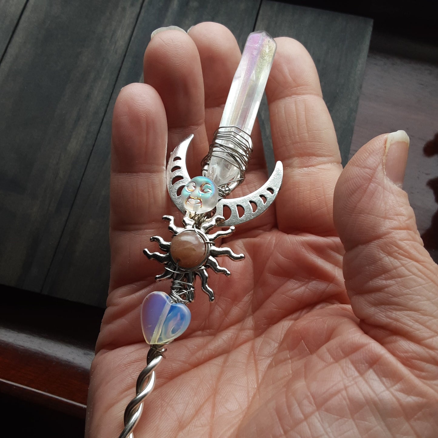 Wand Fae Queen Quartz Crystal Wand with Moon Phase Sun and Gemstone, Sunstone and Opalite detailed magic wand One of a kind handmade wand