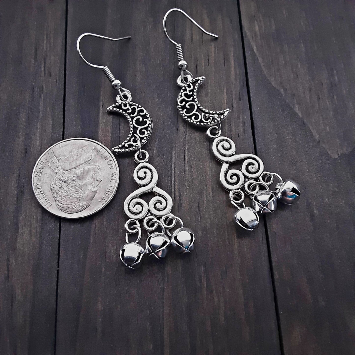 Bell earrings with crescent moons and Triskele links Sound cleansing jewelry