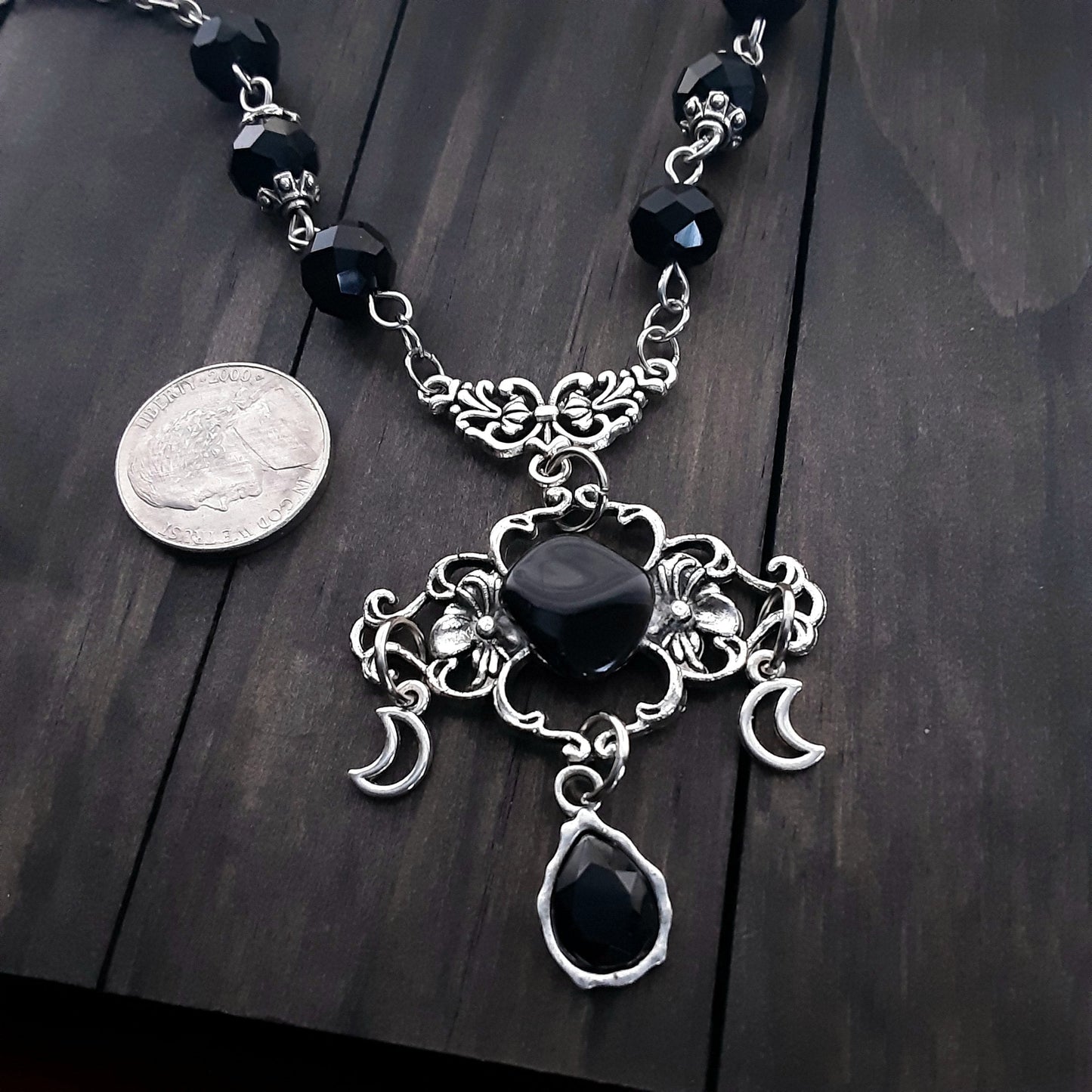 Gothic necklace with Obsidian and Moons Witchy style jewelry