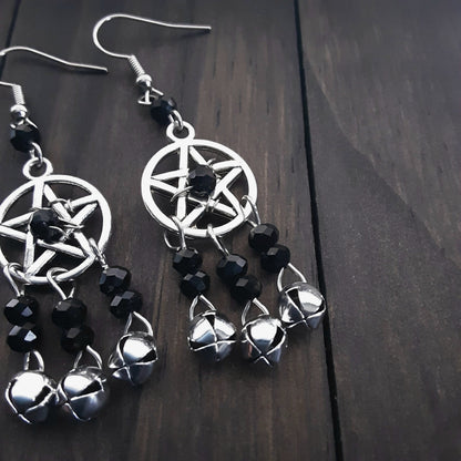 Witch bell earrings with pentacles and black crystals Sound cleansing Pagan jewelry