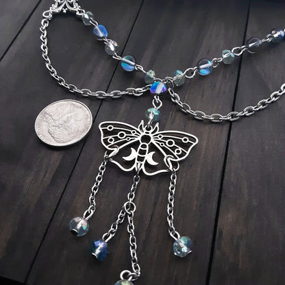 Lunar Moth necklace with crystal beads Adjustable plus size choker fairy core necklace