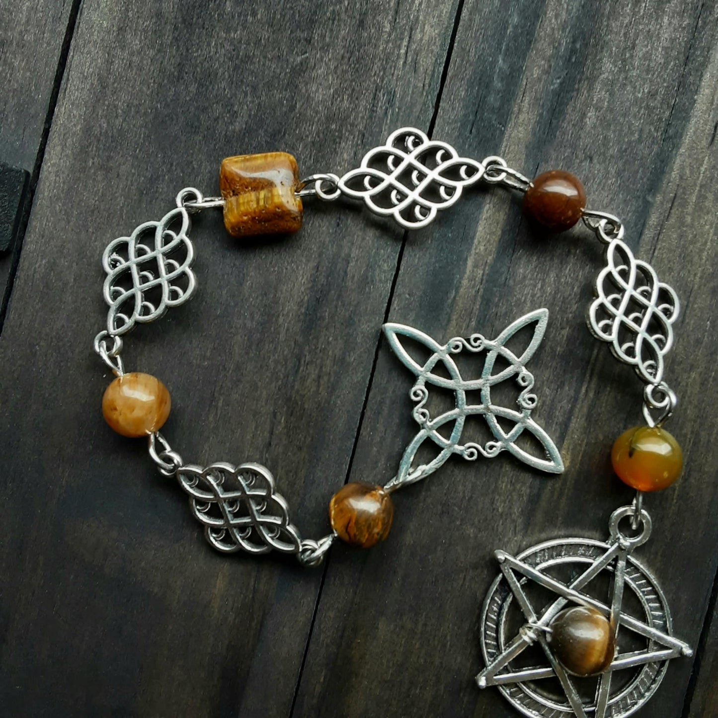 Pagan prayer beads with Tiger Eye gemstone pentacle and witch knot Protection Amulet altar tools Witch's ladder prayer beads