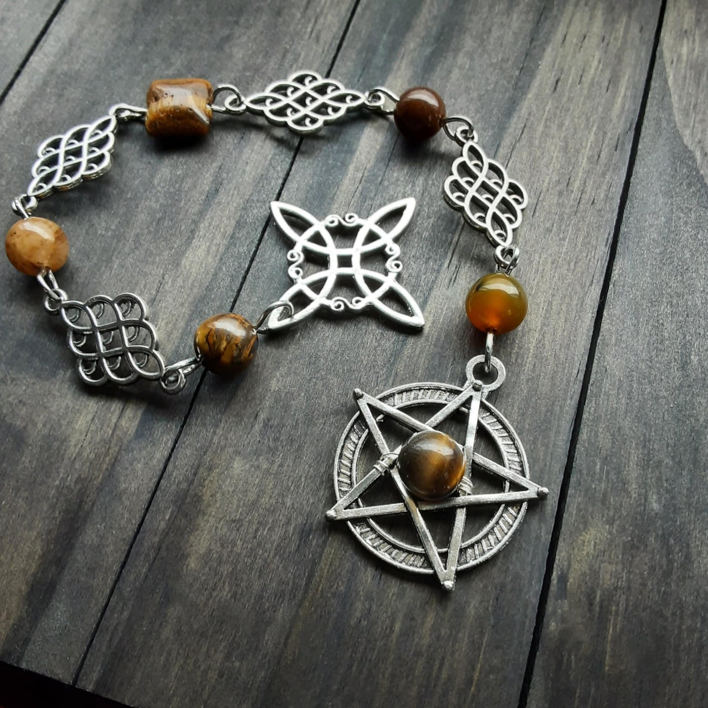 Pagan prayer beads with Tiger Eye gemstone pentacle and witch knot Protection Amulet altar tools Witch's ladder prayer beads