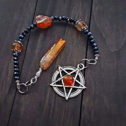Pagan prayer beads, Carnelian Pentacle and Aura Quartz Witch's Ladder, Protection Amulet Pendants, Fire Element Witch