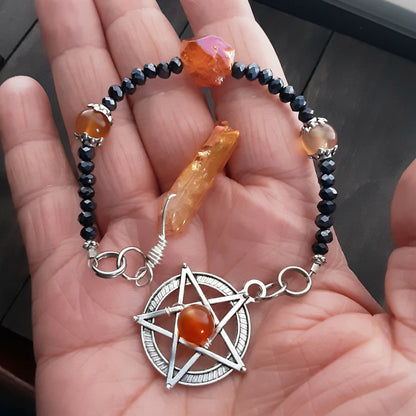 Pagan prayer beads, Carnelian Pentacle and Aura Quartz Witch's Ladder, Protection Amulet Pendants, Fire Element Witch