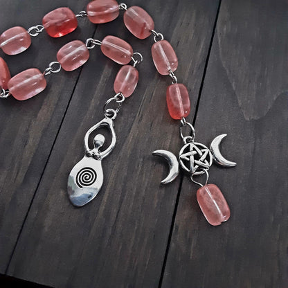 Pagan Prayer beads with Cherry Quartz Goddess and Triple Moon Goddess Witch's Ladder prayer beads