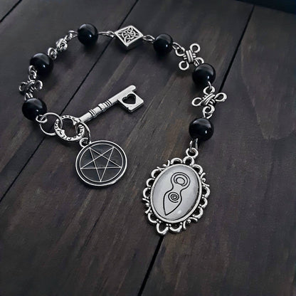 Pagan Prayer beads for Hekate key and pentacle Witch's Ladder with Obsidian
