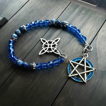 Pagan prayer beads with blue crystals Sodalite gemstone Pentacle and Witch knot protection amulet Altar tools - please read